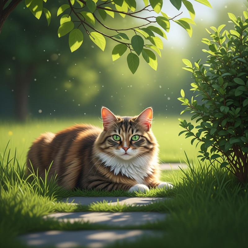 Tranquil Daytime Scene with Fluffy Domestic Cat - Nature's Serenity Tranquil Daytime Scene with Fluffy Domestic Cat - Nature's Serenity