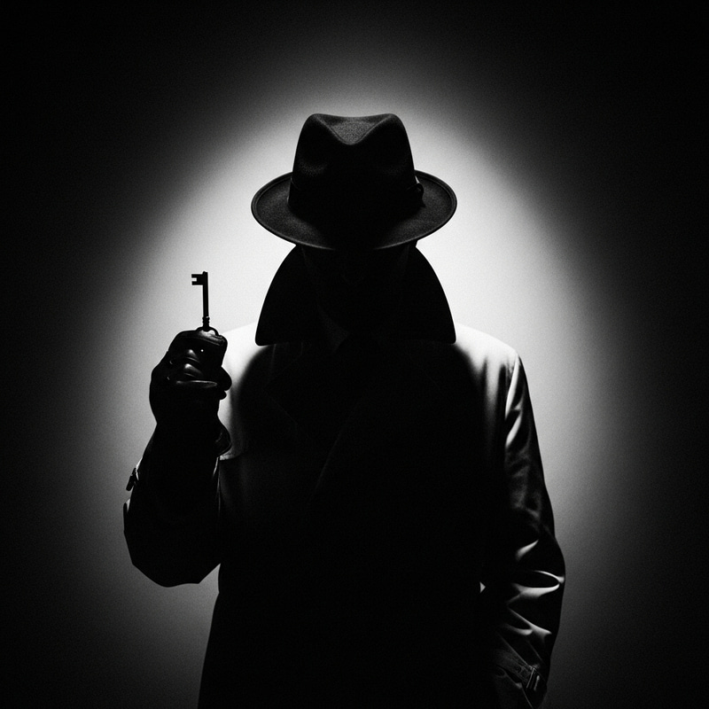 Vintage Black and White Photograph of Mysterious Figure with Dramatic Lighting and Key