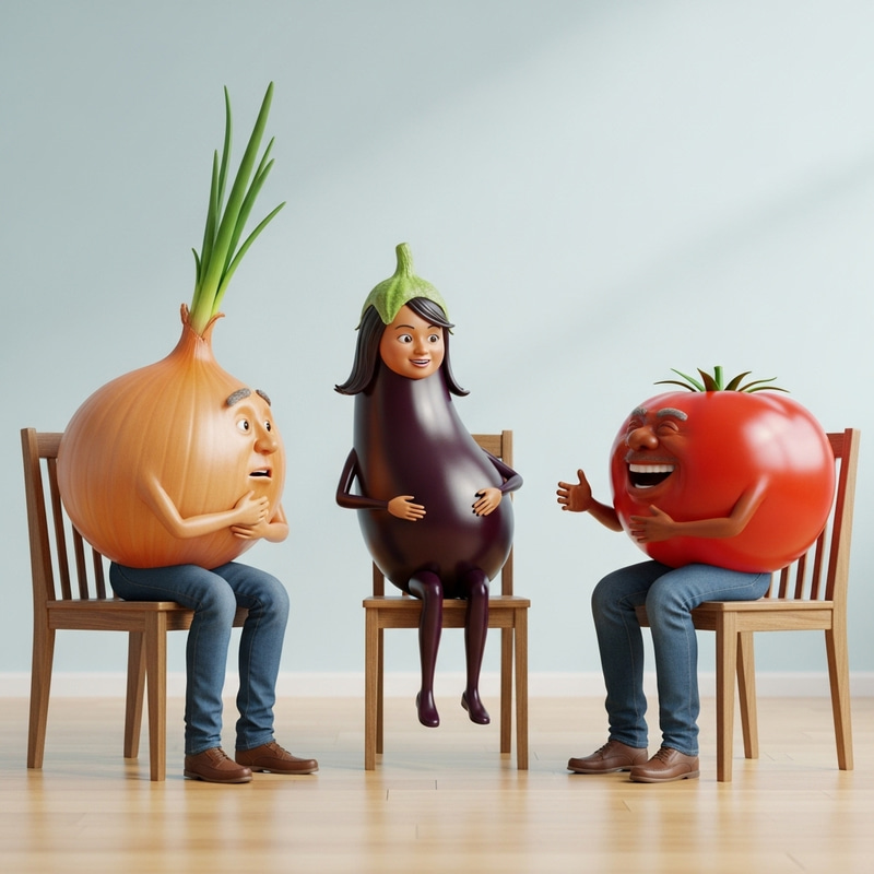 Onion, Eggplant & Tomato Engaged in Friendly Chat Onion, Eggplant & Tomato Engaged in Friendly Chat
