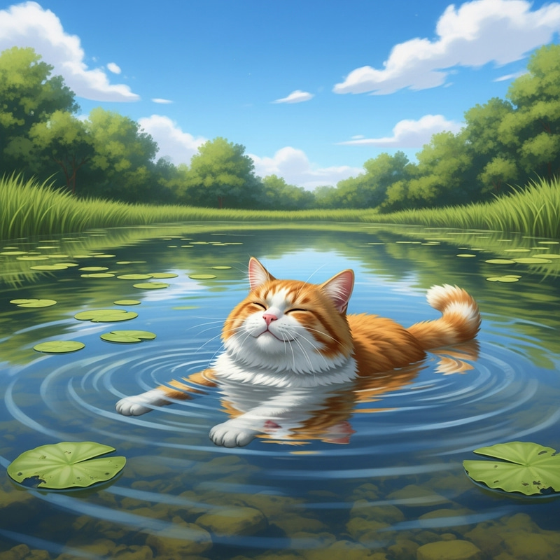 Majestic Fat Cat Swimming in Serene Pond