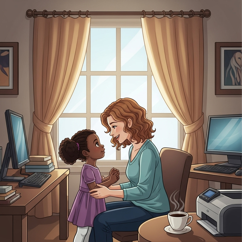 Warm Moment: Mother with Shoulder-Length Curly Hair & Daughter in Purple Dress Warm Moment: Mother with Shoulder-Length Curly Hair & Daughter in Purple Dress