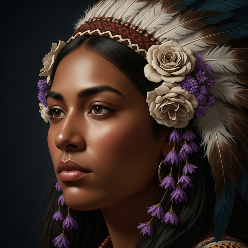 Realistic Antique Portrait of Brown Skin Woman with Native Feathers