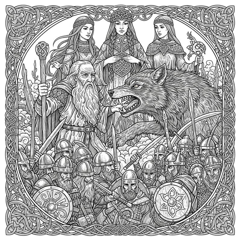 Nordic Ringerike Art: Odin vs Fenrir Battle With Nornas & Einherjar Nordic Ringerike Art: Odin vs Fenrir Battle With Nornas & Einherjar