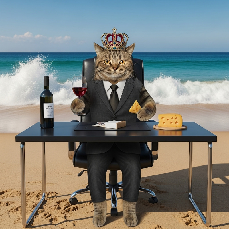 Sophisticated Cat in Office Attire on Beach with Crown and Wine Glass Sophisticated Cat in Office Attire on Beach with Crown and Wine Glass