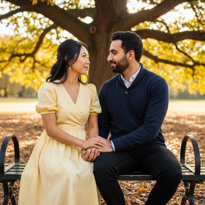 Romantic Couple Sitting on Park Bench