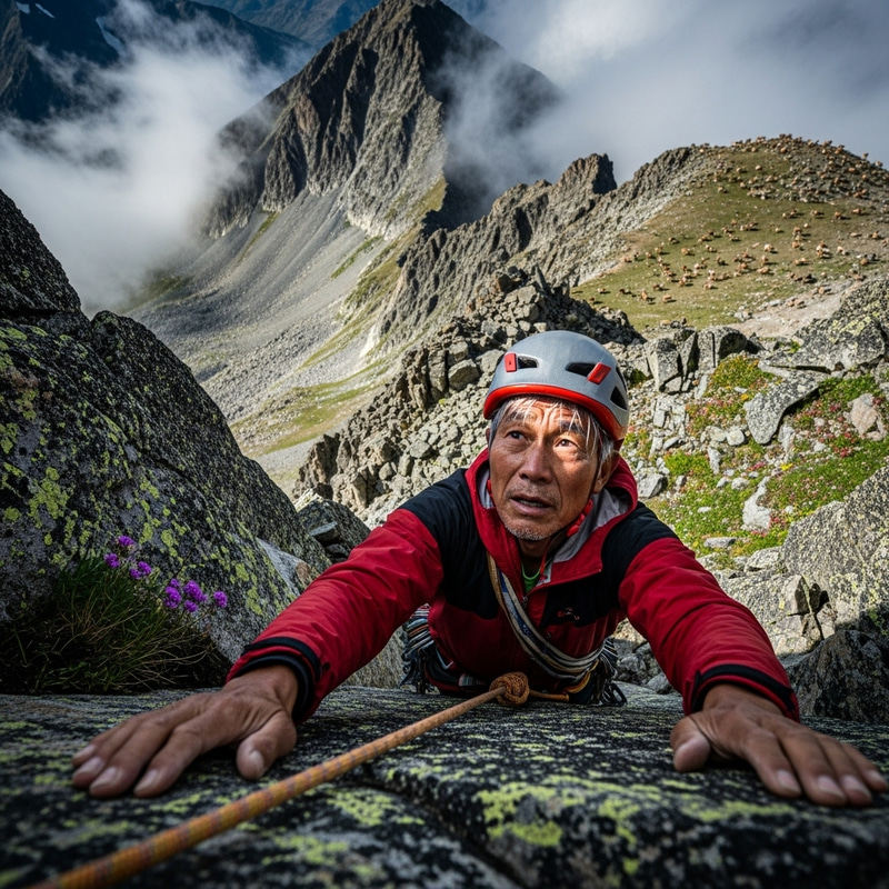 An Older Asian Man Climbing a Mountain