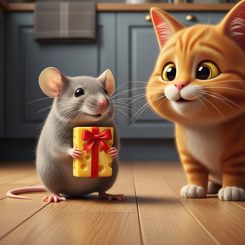 Hyper-Realistic Grey Mouse and Ginger Cat with Cheese Delight