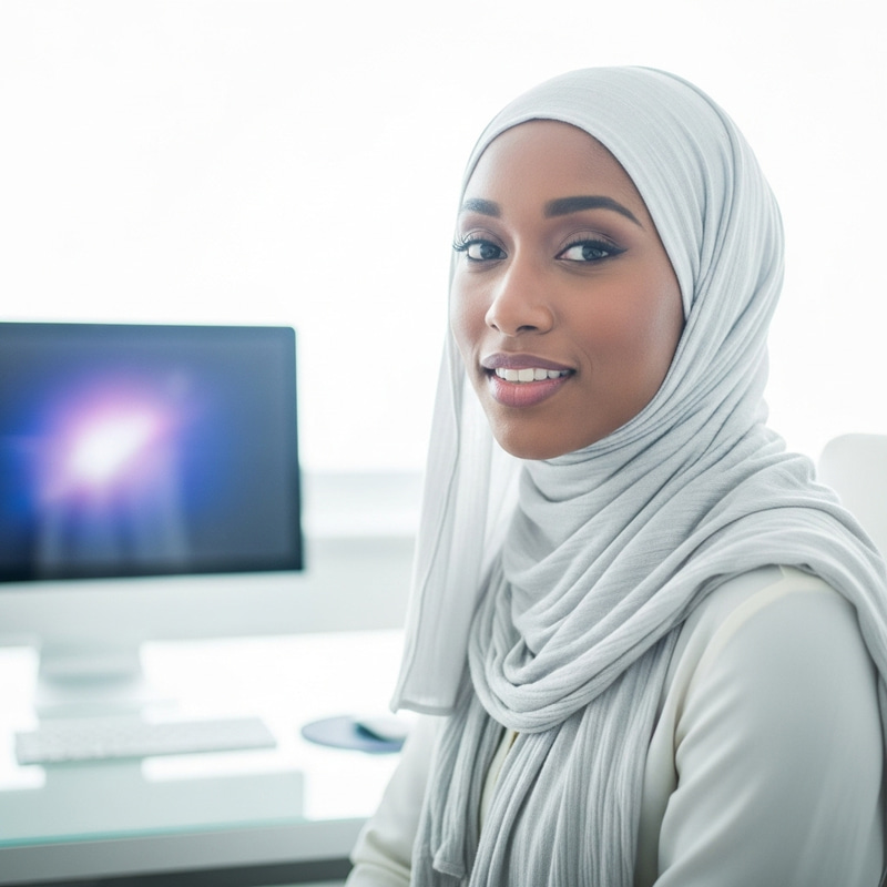 Professional Woman Wearing Hijab in Bright Office Setting Professional Woman Wearing Hijab in Bright Office Setting