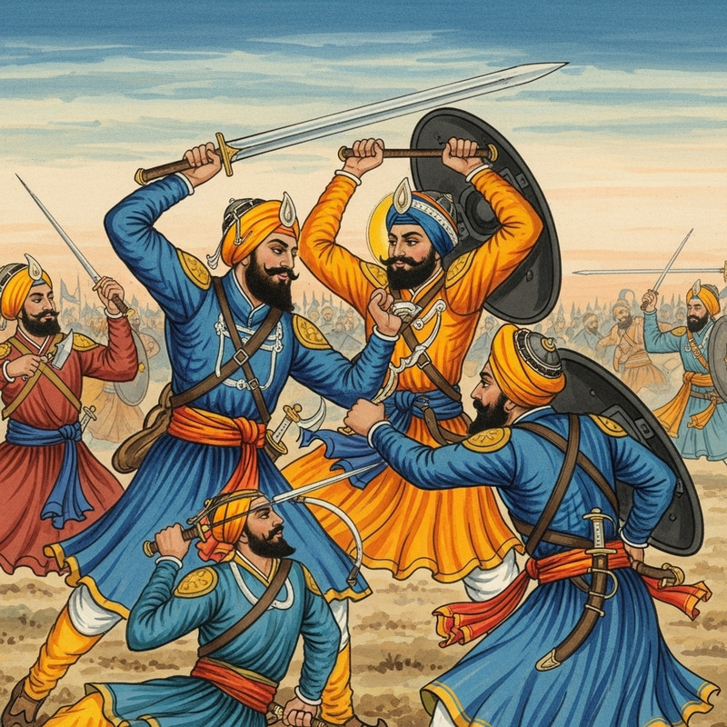 Intense Sikh Warriors Battle: Vibrant Colors, Expressive Movements Intense Sikh Warriors Battle: Vibrant Colors, Expressive Movements