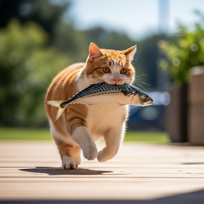 Chubby Cat Running with Mackerel Fish - Cute Animal Moment