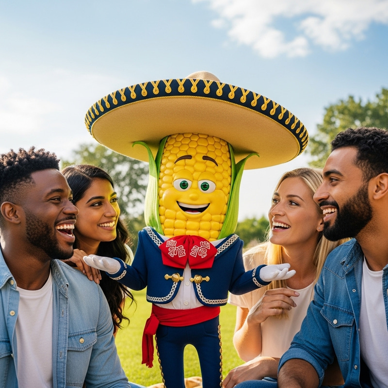Lively Corn Cob in Mexican Attire with Diverse Friends