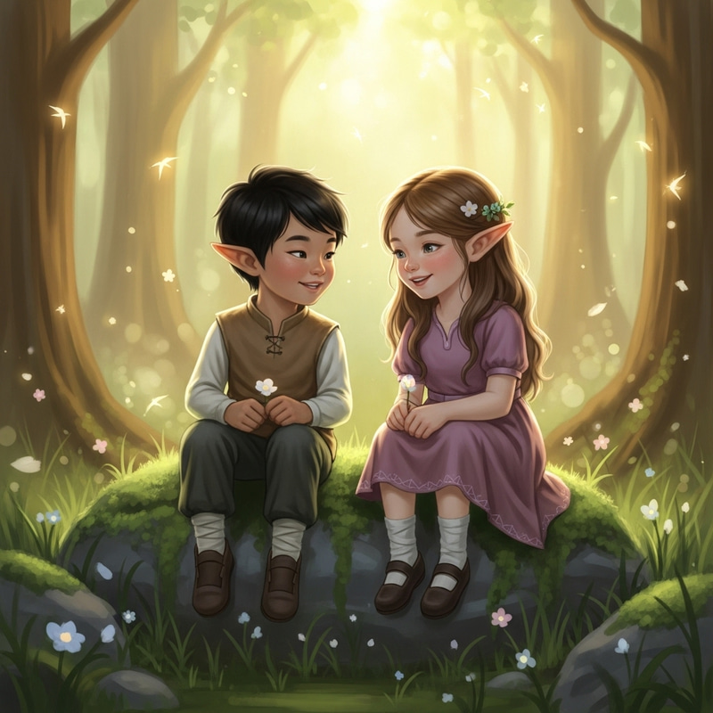 Whimsical Elven Children in a Magical Forest Glade Whimsical Elven Children in a Magical Forest Glade
