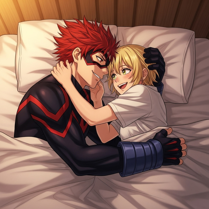 Affectionate Embrace of Kirishima and Kaminari in Vibrant Anime Scene