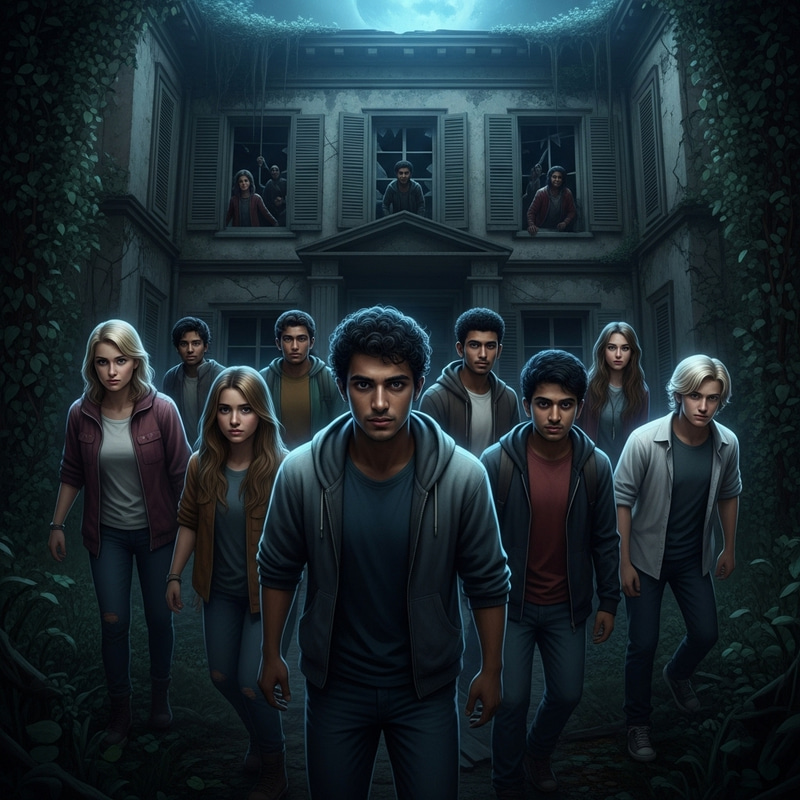 Eerie Exploration: Diverse Group in Abandoned Haunted Mansion Eerie Exploration: Diverse Group in Abandoned Haunted Mansion