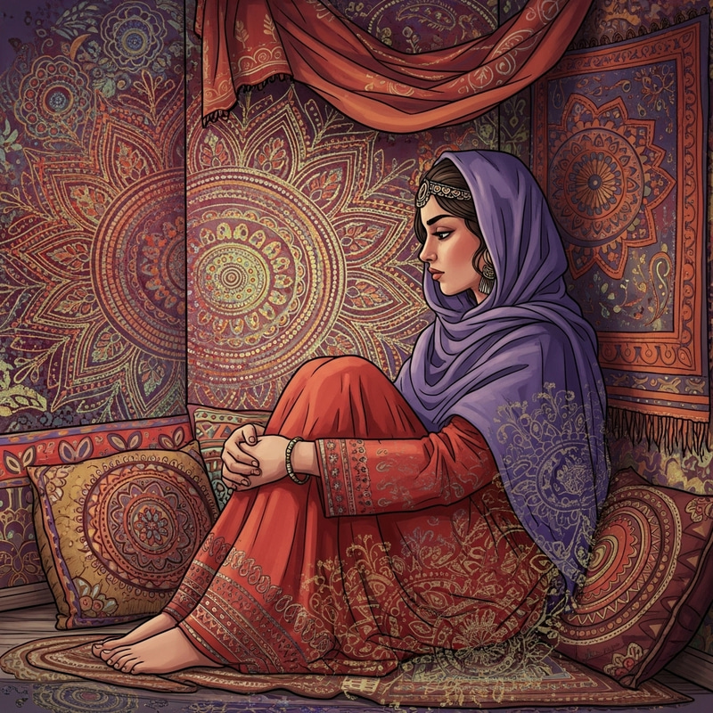 Dreamy Bohemian Woman in Cozy Corner - Vibrant Digital Art