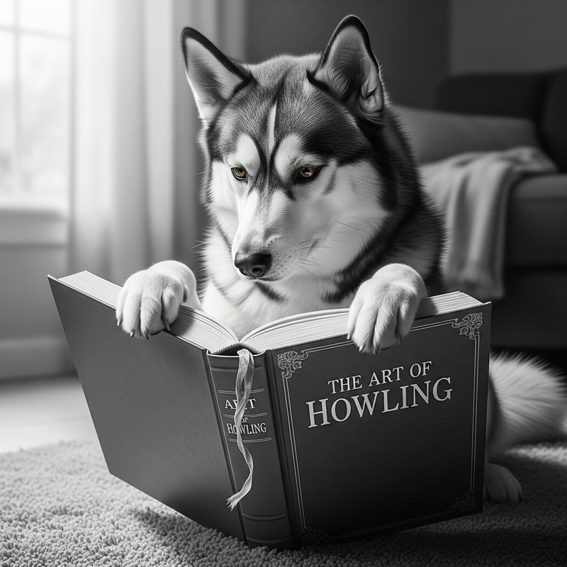 Monochromatic Husky Reading Book - Clever Canine Storytime Monochromatic Husky Reading Book - Clever Canine Storytime