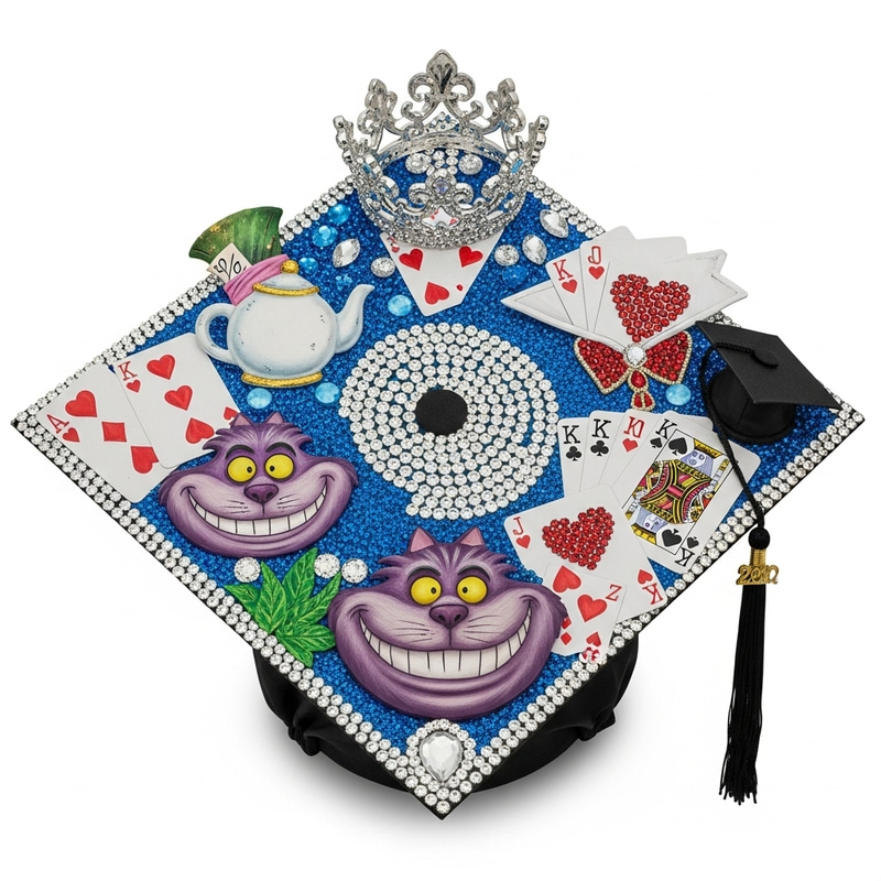 Alice in Wonderland Graduation Cap with Stones and Crown - Magical Decor Alice in Wonderland Graduation Cap with Stones and Crown - Magical Decor