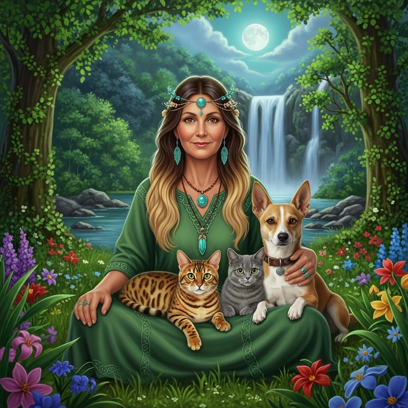 Mystical Forest Shaman with Bengal Cat and Dreamlike Scene Mystical Forest Shaman with Bengal Cat and Dreamlike Scene