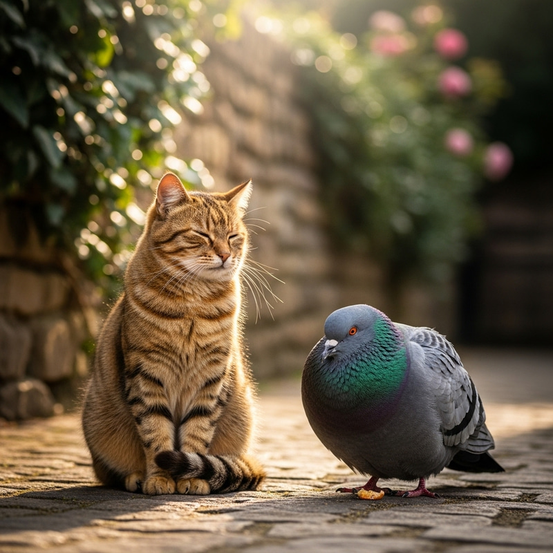 Cat with Large Dove in Peaceful Setting Cat with Large Dove in Peaceful Setting