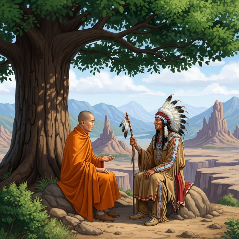 Buddhist Monk Engaging in Dialogue with Native American