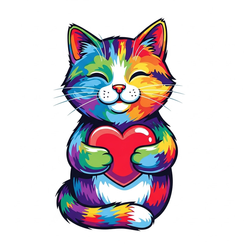 Colorful Pop Art Cat Hugging Heart in Vibrant Brush Strokes Colorful Pop Art Cat Hugging Heart in Vibrant Brush Strokes