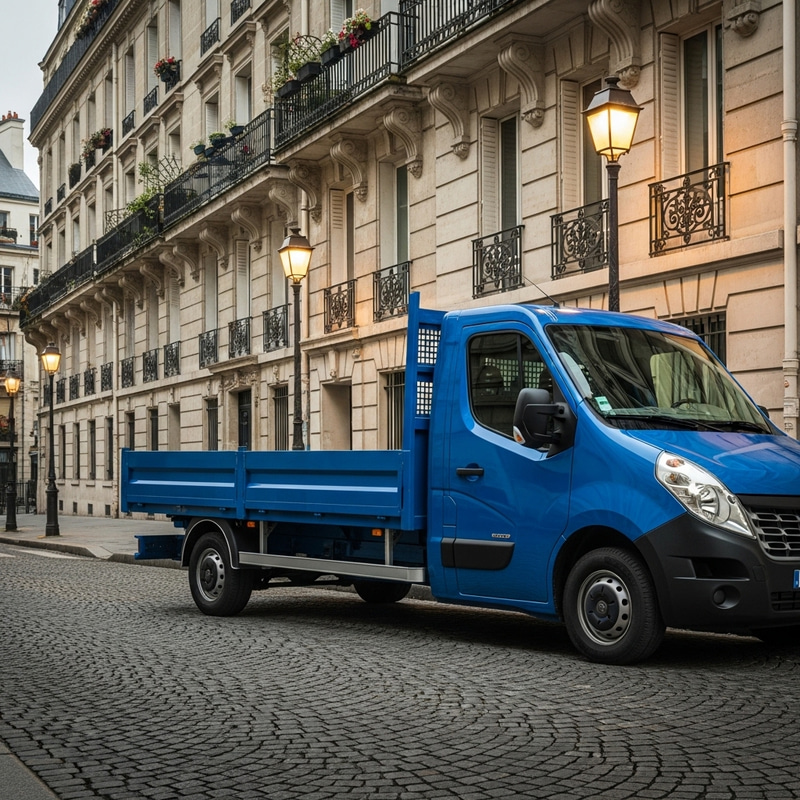 2017 Blue Renault Master Plateau in Paris - Charming Cobblestoned Street View 2017 Blue Renault Master Plateau in Paris - Charming Cobblestoned Street View