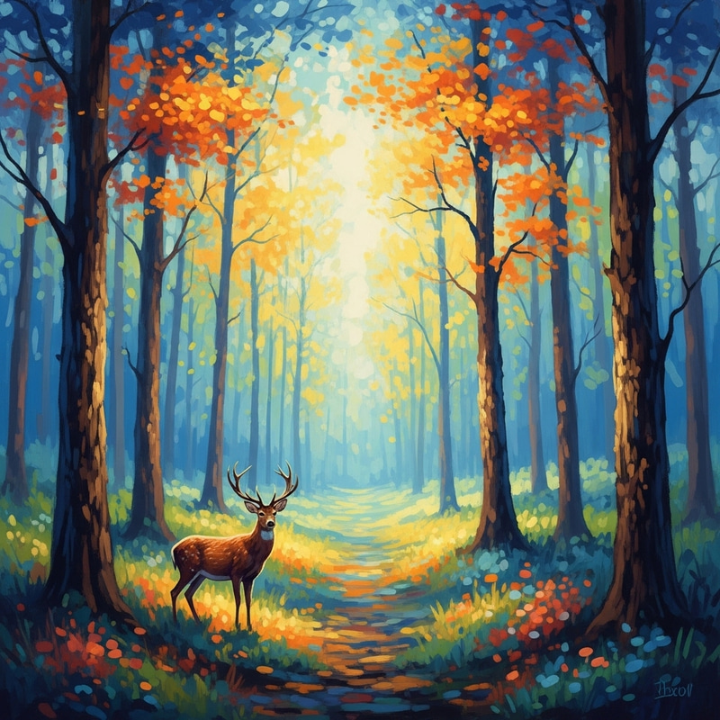 Enchanting Forest Scene: Impressionist Painting with Graceful Deer Enchanting Forest Scene: Impressionist Painting with Graceful Deer
