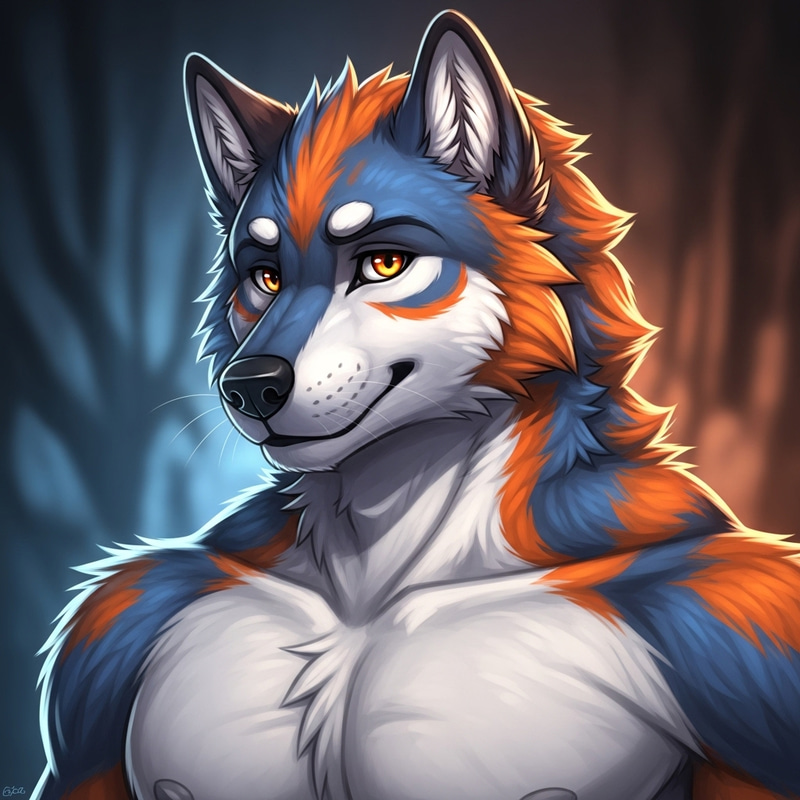 Stylish Blue and Orange Anthromorphic Wolf with Unique Aura
