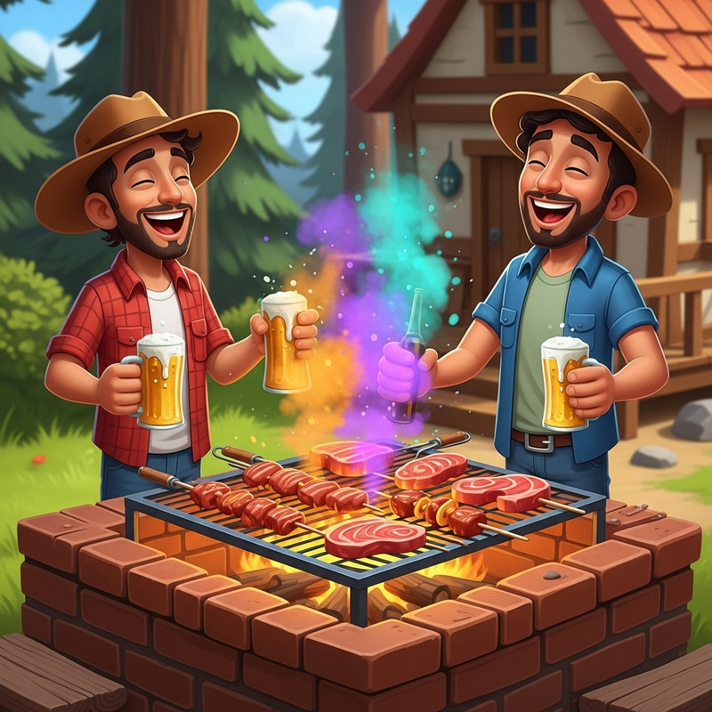 Cartoon Hillbillies Grilling Meat and Drinking Beer Outdoors Cartoon Hillbillies Grilling Meat and Drinking Beer Outdoors