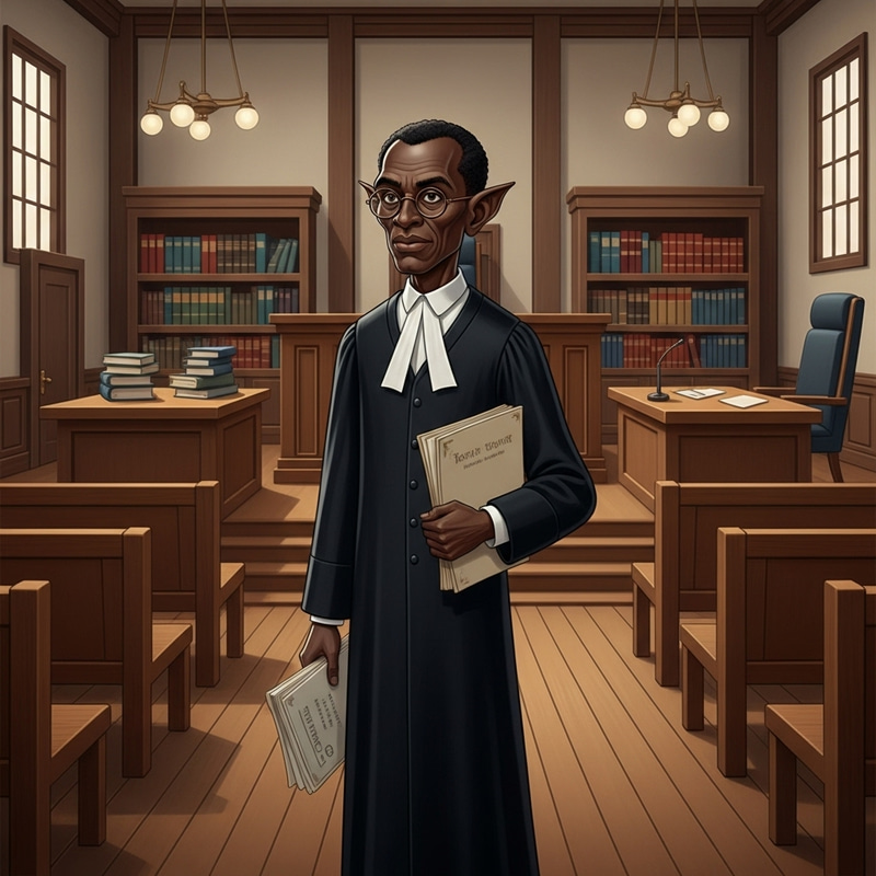 Emaciated Black Man with Pointed Ears in Courtroom