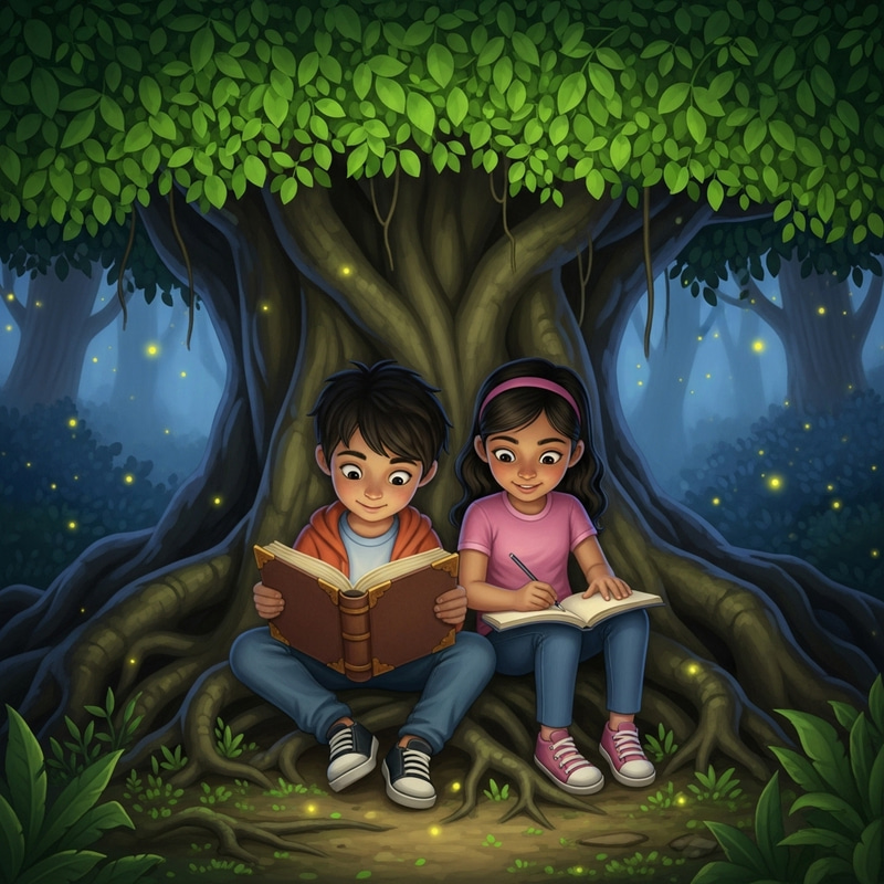 Enchanting Kids Reading in Magical Forest - Captivating Scene Enchanting Kids Reading in Magical Forest - Captivating Scene