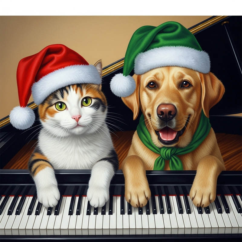 Happy Tricolor Cat and Labrador Dog in Christmas Hats Playing Piano Happy Tricolor Cat and Labrador Dog in Christmas Hats Playing Piano