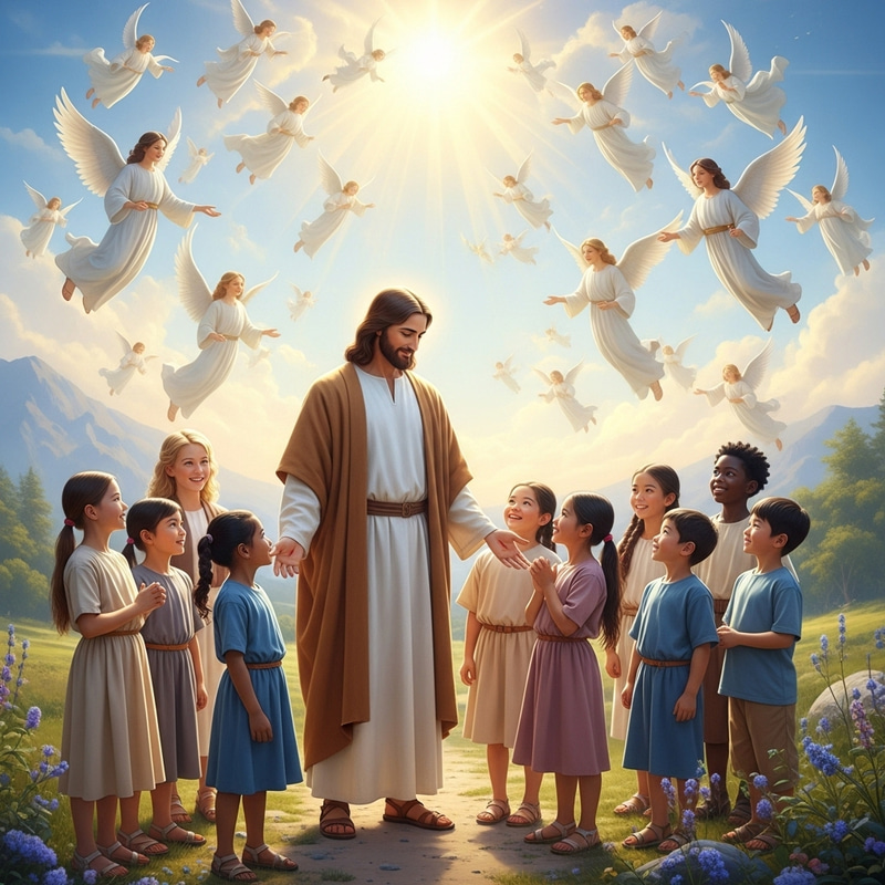 Jesus with Children and Angels in Divine Gathering Jesus with Children and Angels in Divine Gathering