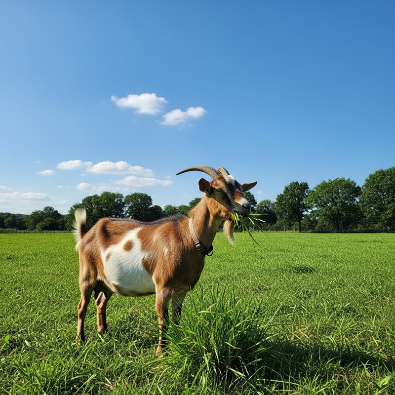 Majestic Brown and White Goat Grazing in Lush Green Field
