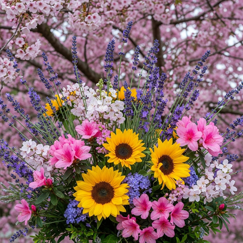 Botanical Composition - Captivating Display of Cherry Blossoms, Lavender, Sunflowers & Azaleas