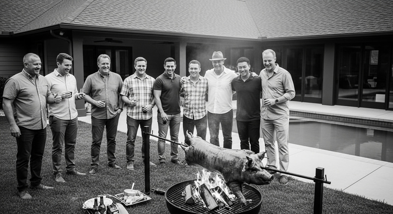 Camaraderie Celebration: Rotisserie Pig in Festive Backyard BBQ Camaraderie Celebration: Rotisserie Pig in Festive Backyard BBQ
