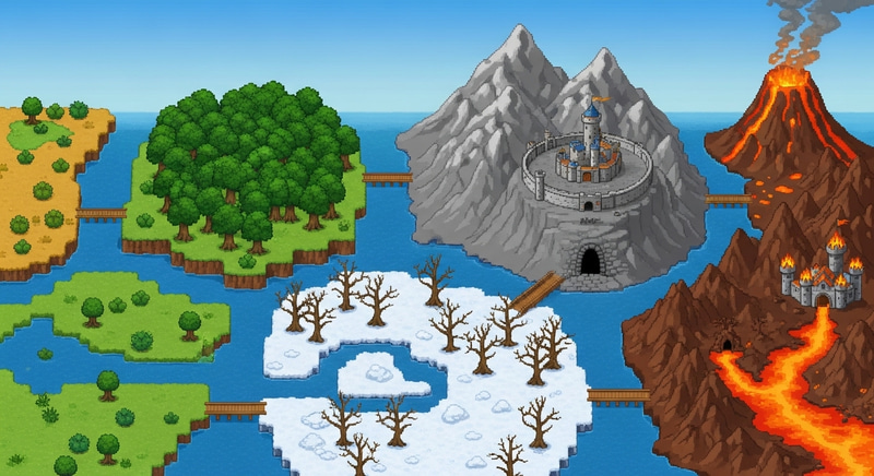 Pixel Art Adventure Scene: Top Down View from Distance Pixel Art Adventure Scene: Top Down View from Distance