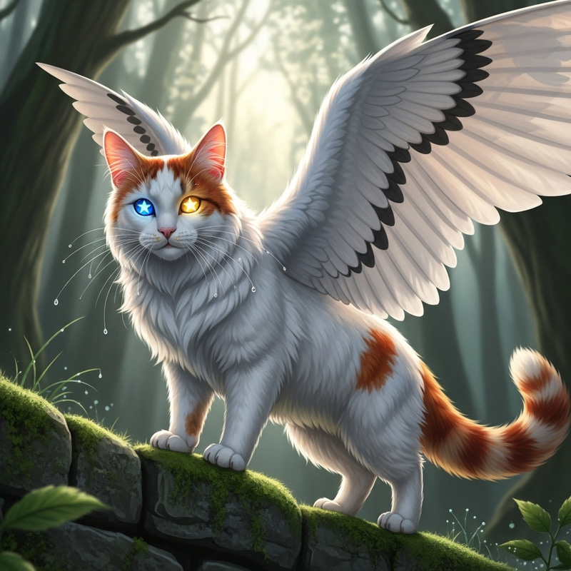 Realistic White Cat with Red Spots and Unique Eyes - Full-Body Wings Realistic White Cat with Red Spots and Unique Eyes - Full-Body Wings