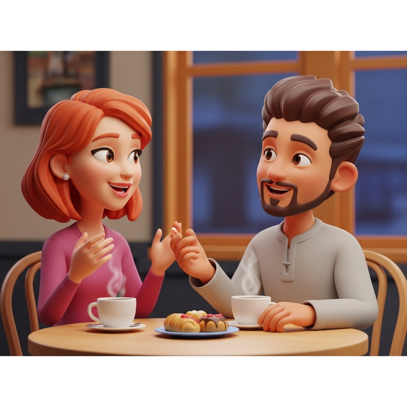 Vibrant 3D Cartoon: Red-Haired Woman & Middle-Eastern Man in Cozy Cafe Setting Vibrant 3D Cartoon: Red-Haired Woman & Middle-Eastern Man in Cozy Cafe Setting