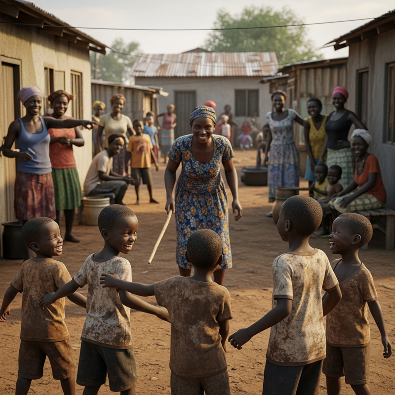 3D Realistic Image of African Boys Playing in Mud with Mother Approaching 3D Realistic Image of African Boys Playing in Mud with Mother Approaching
