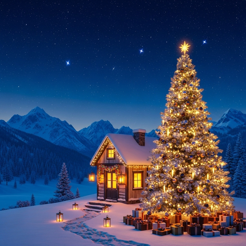 Starry Christmas Night with Snowy Mountains and Cozy Cabin