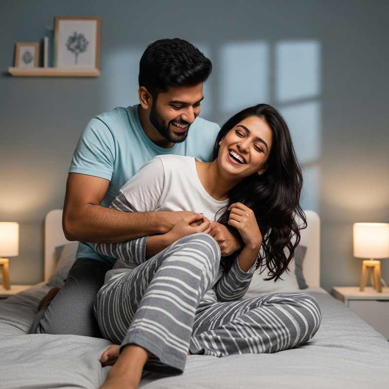 Young Asian Couple Tickling Each Other with Laughter in Bedroom Young Asian Couple Tickling Each Other with Laughter in Bedroom