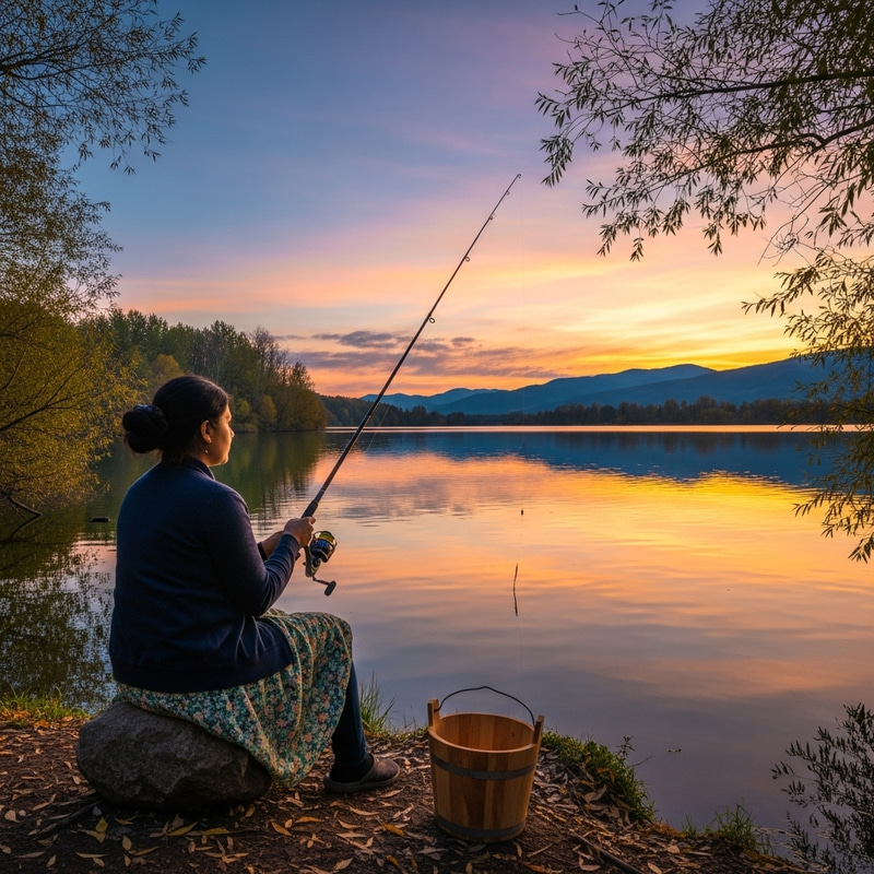 Serene Fishing Moment at Sunset by a Calm Lake