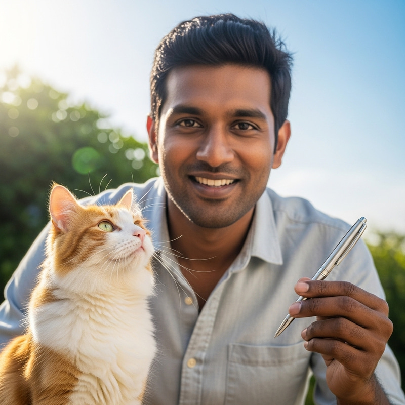 Tall Man with Friendly Cat and Pen Outdoors Tall Man with Friendly Cat and Pen Outdoors