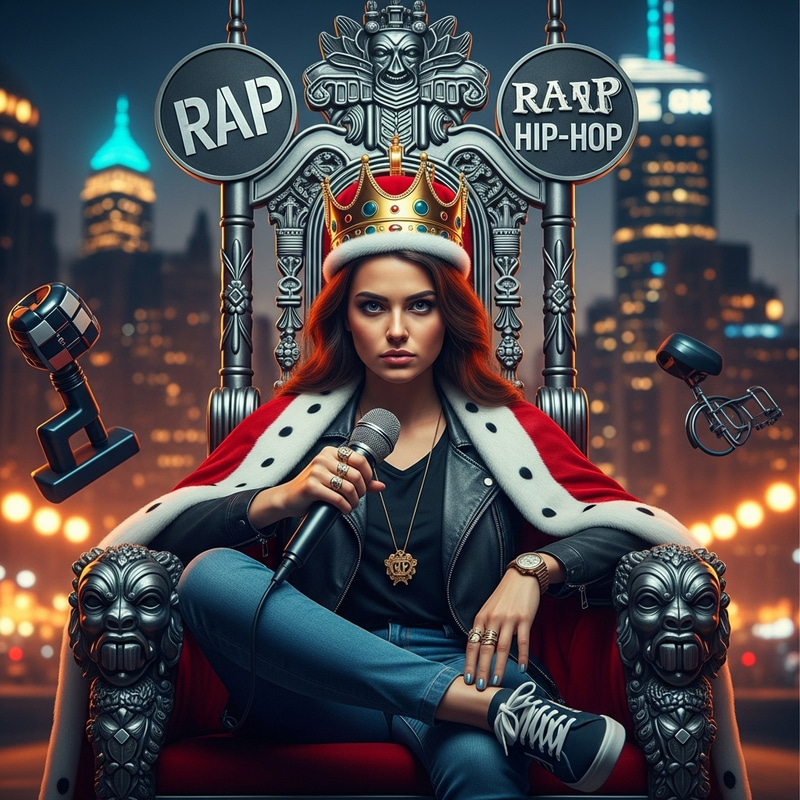 Reigning Hip-Hop Empress with Royal Crown & Mic | City Skyline
