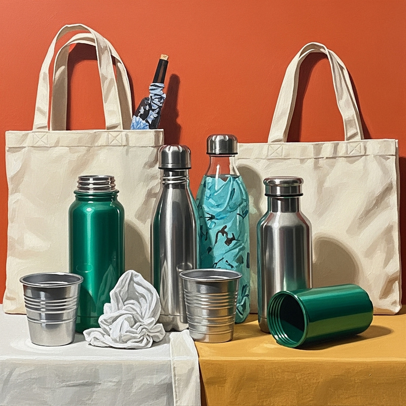Vibrant Still Life with Reusable Items | Eco-Friendly Artwork Vibrant Still Life with Reusable Items | Eco-Friendly Artwork