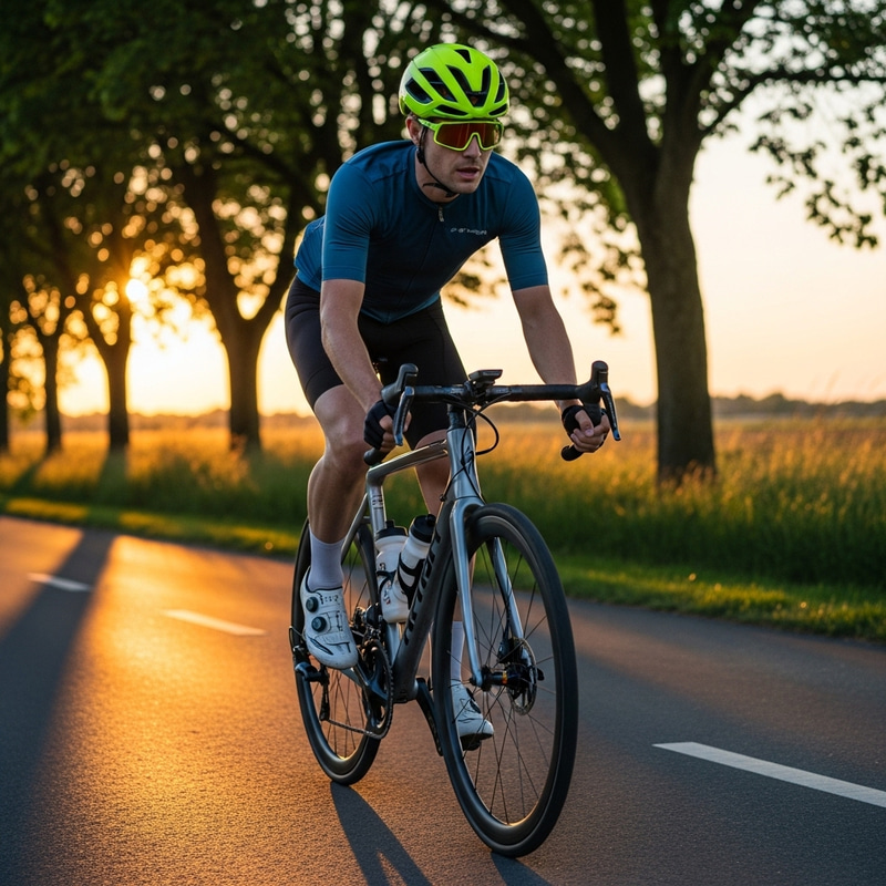 Sleek Cyclist Battling Wind on Tree-lined Path at Sunset