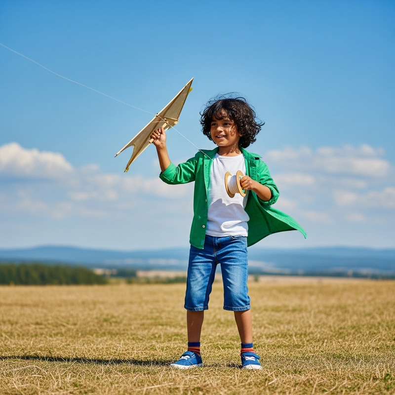 Joyful South Asian Boy Flying Kite in Open Field