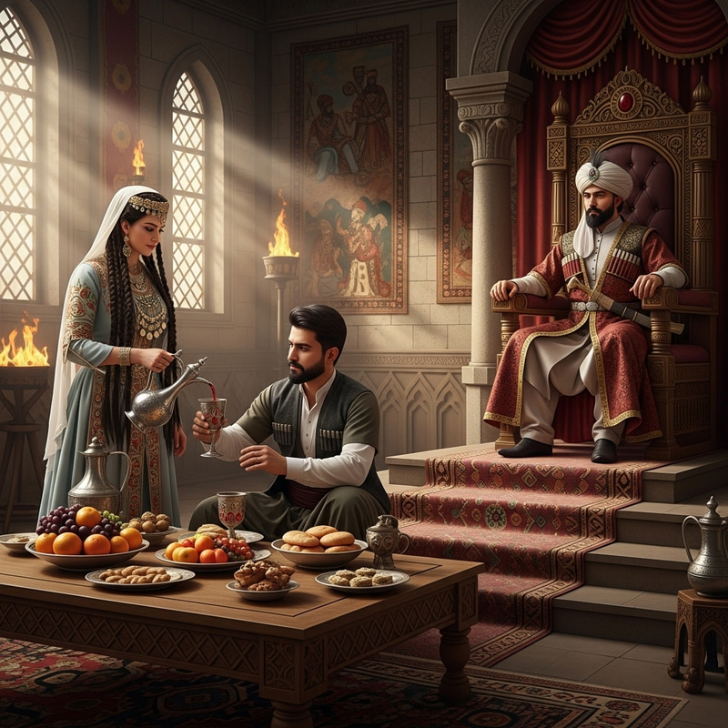 Medieval Kurdish Palace: Women in Traditional Attire Serving Wine to King Medieval Kurdish Palace: Women in Traditional Attire Serving Wine to King