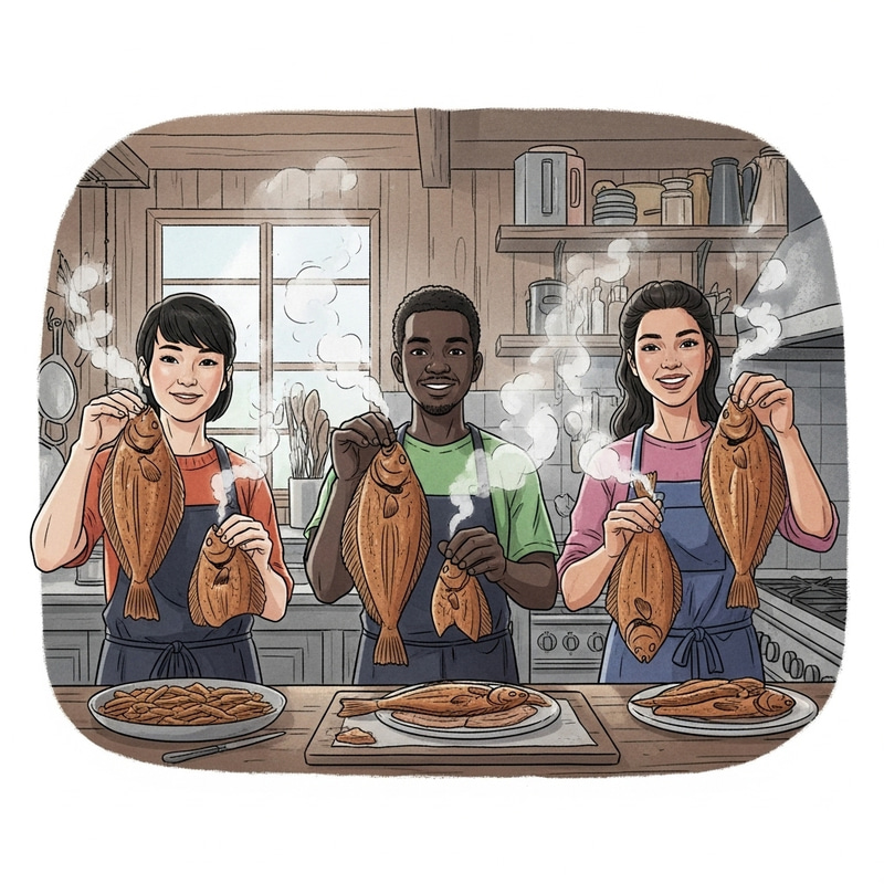 Three Addicts Smoking Sole Fish in Kitchen